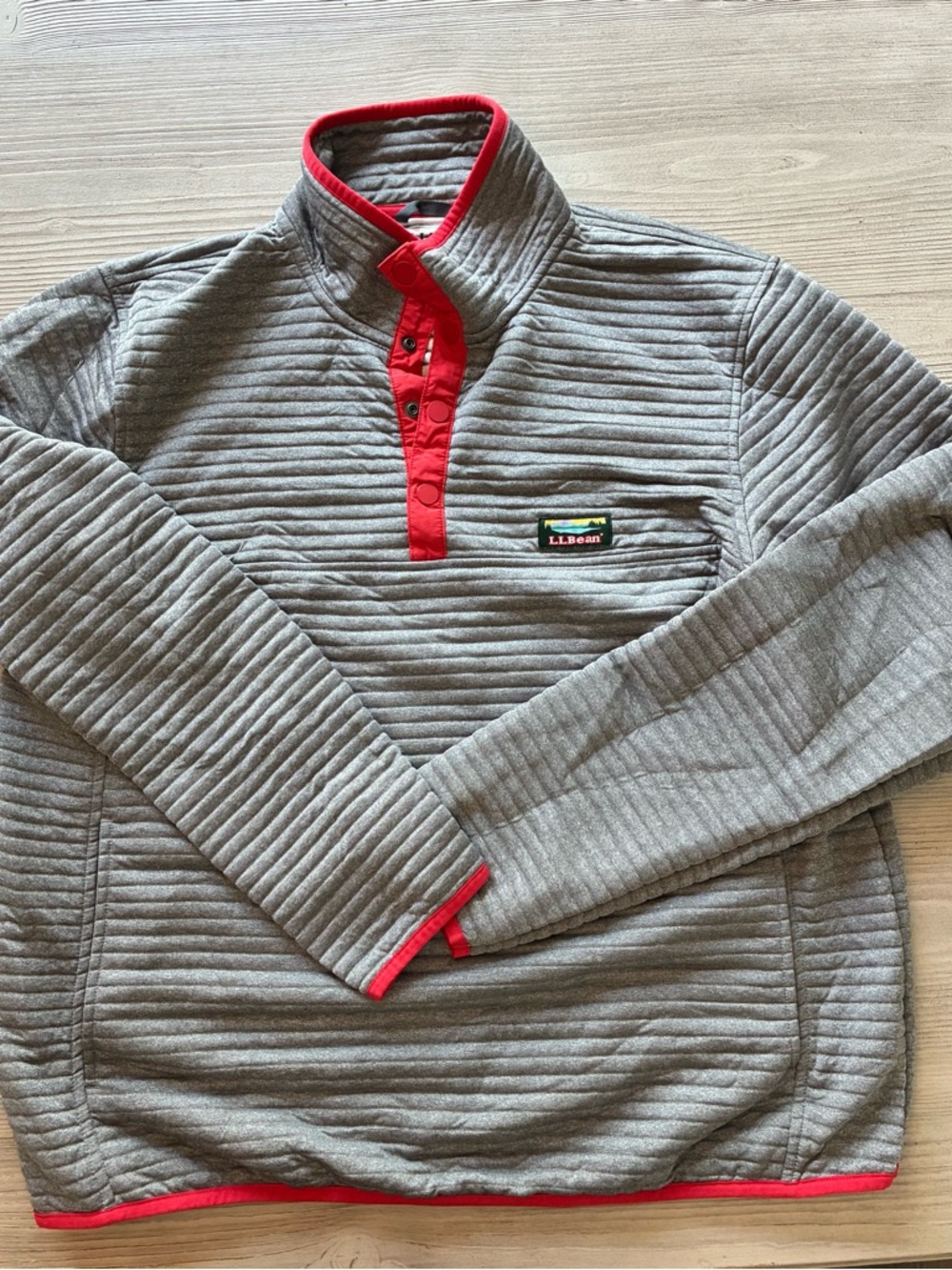 L.L.Bean Gray Quilted Pullover with Red Snap Placket